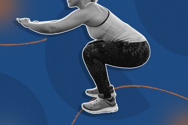 photo of woman doing squat exercise on blue background