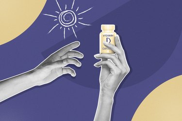 mixed media graphic showing hand holding vitamin D bottle with sun on purple background