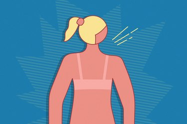 Illustration of person with a blonde ponytail who has a sunburn, to show if its bad to peel sunburn, against a blue background