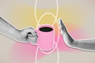 Custom mixed media image showing hand saying no to a cup of caffeinated coffee