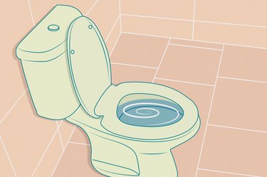 Illustration of a pale green toilet being flushed in a pink-tiled bathroom