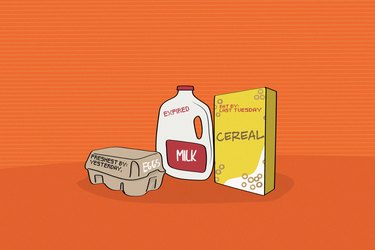 illustration of expired milk, eggs and cereal box on orange background