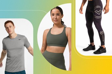 collage of the best weightlifting clothes on multicolor background.