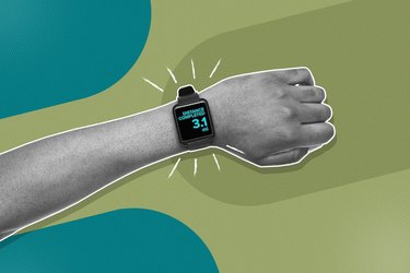 mixed media image showing wrist with fitness tracker showing 5K or 3.1 miles completed