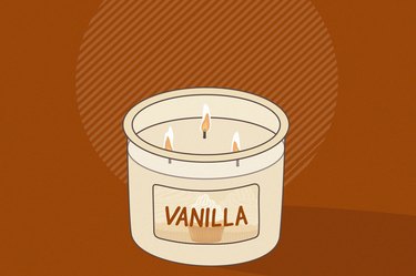 Illustration of a lit vanilla scented candle against an orange graphic background