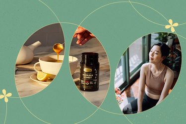 collage of someone putting Comvita manuka honey into their tea and a person wearing a tan workout tank top looking calm by a window