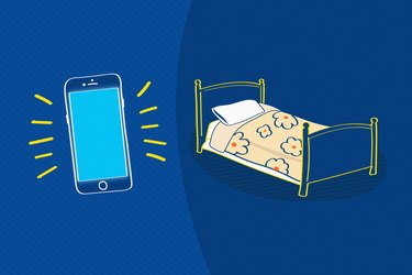 Illustration of smart phone next to bed depicting blue light before sleep
