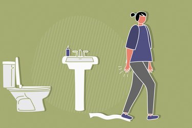 Illustration of a person walking away from the toilet, not washing their hands after using the bathroom