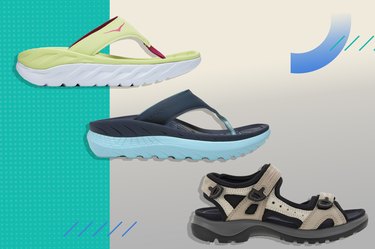 a collage of some of the best sandals for flat feet on a teal and beige background