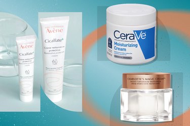 a collage of three of the best face moisturizers for dry, sensitive skin on a blue background