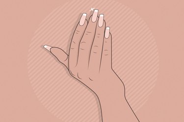 an illustration of a person's hand with acrylic nails in the French manicure style, on a light pink background