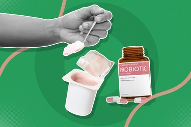 mixed media graphic showing hand spooning yogurt next to probiotic pills on green background