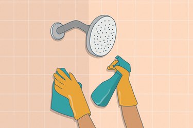 Illustration of a person wearing gloves and cleaning their shower