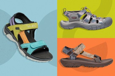three of the best hiking sandals against a colorful background