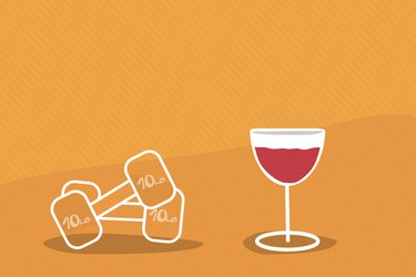 illustration of glass of red wine and dumbbells with yellow background