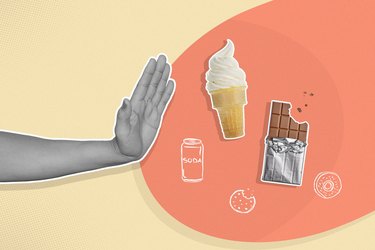 Illustration concept of a person's hand saying no to sugary foods like chocolate, candy and cupcakes