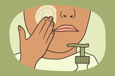 illustration of a person rubbing in their skin care products on their face, on a green background