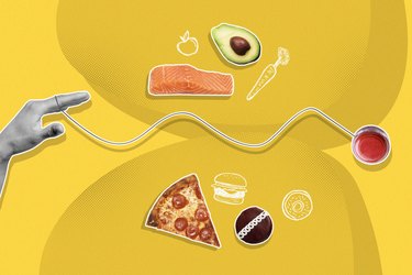 mixed media graphic showing yo-yo diet concept with pizza, salmon, avocado and cupcake on a yellow background