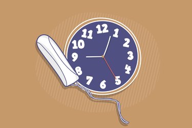 Illustration of a tampon and a clock, representing how long you can wear a tampon
