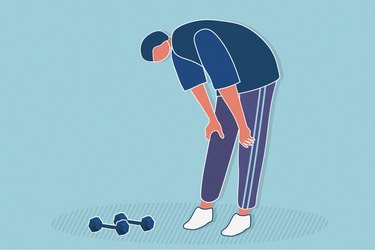 illustration of person leaning over with hands on knees feeling tired during high-intensity workout with dumbbells