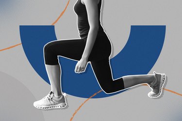 mixed media image of a person wearing black capri leggings and a tank top doing a lunge on a blue and gray background