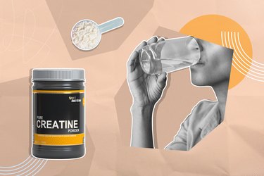 mixed media image of person drinking water with a container of creatine on the side