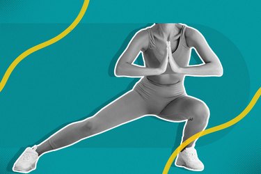 mixed media image of woman in leggings and sports bra doing a side lunge on teal background