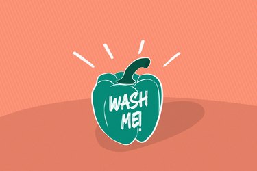 An illustration of a green pepper with the words "wash me" written on the side, to represent unwashed fruits and vegetables