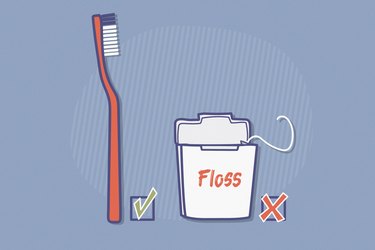 illustration of a toothbrush with a checkmark and a container of floss with an X depicting skipping flossing
