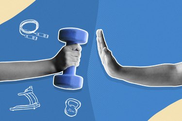 Hand refusing a dumbbell; person who doesn't exercise concept