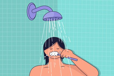 Illustration of the top half of a person in the shower brushing their teeth