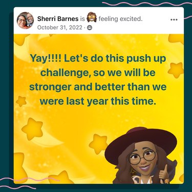 a screenshot of a post in the LIVESTRONG Challenge Facebook group where someone says "Yay!!!! Let's do this push-up challenge so we will be stronger and better than we were last year this time."