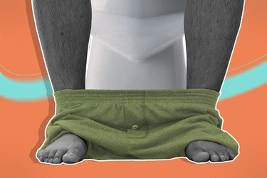 mixed media image of a person's legs as they're sitting on the toilet, against an orange and teal background