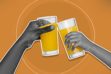 mixed media graphic showing two arms clinking orange juice glasses
