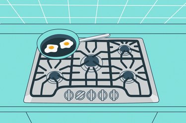 custom graphic showing eggs in skillet cooking on a gas stove