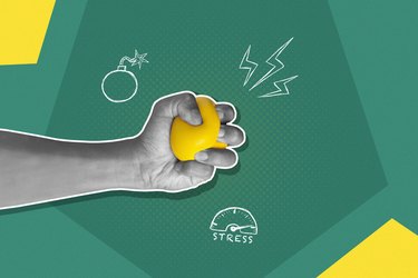 Illustration of stress, including a hand squeezing a stress ball on a green and yellow background