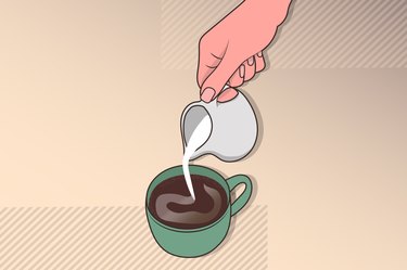 graphic of a hand pouring cream into a green mug of black coffee