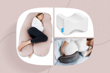 a collage of some of the best pregnancy pillows on a light pink background