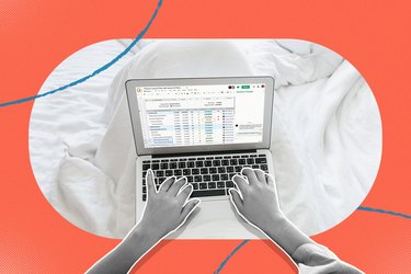 mixed media graphic showing hands using laptop in bed all day
