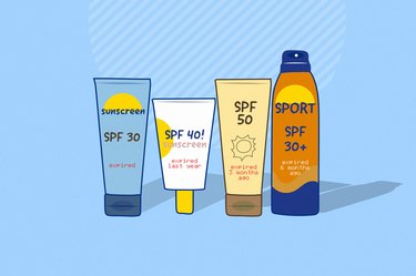 illustration of four expired sunscreen bottles in a row on a light blue background