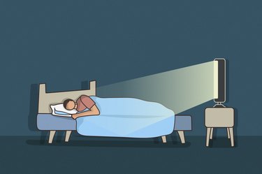 Illustration of a person sleeping in bed with the TV on