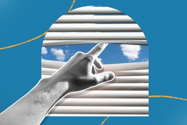 mixed media graphic of hand poking through window blinds to demonstrate staying inside