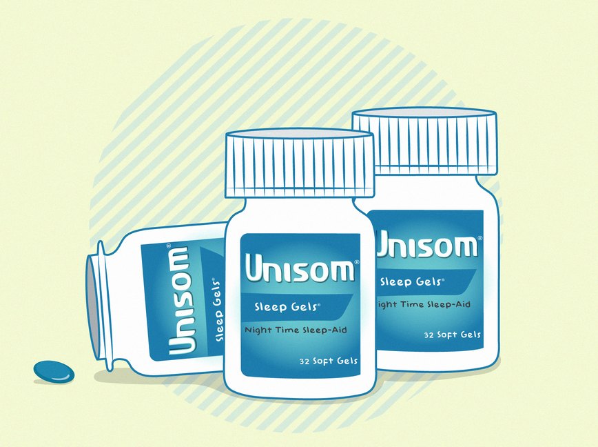 illustration of several bottles of unisom on a light green background, to represent taking unisom every night