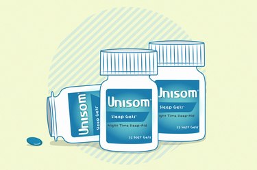 illustration of several bottles of unisom on a light green background, to represent taking unisom every night