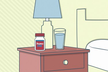 illustration of a bottle of tylenol pm and a glass of water on a nightstand next to a bed