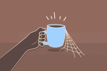 illustration of hand holding a mug of old coffee with a cobweb on it