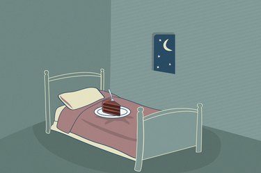 illustration of a bed with a slice of cake on a plate on top of it