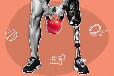 person with prosthetic leg grabbing red kettlebell with illustrations of effects of starting to exercise
