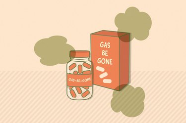 an illustration of a bottle of anti-gas pills surrounded by gas clouds on a light orange background