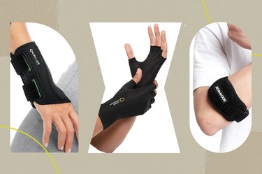 a collage of three of the best wrist braces on a beige background